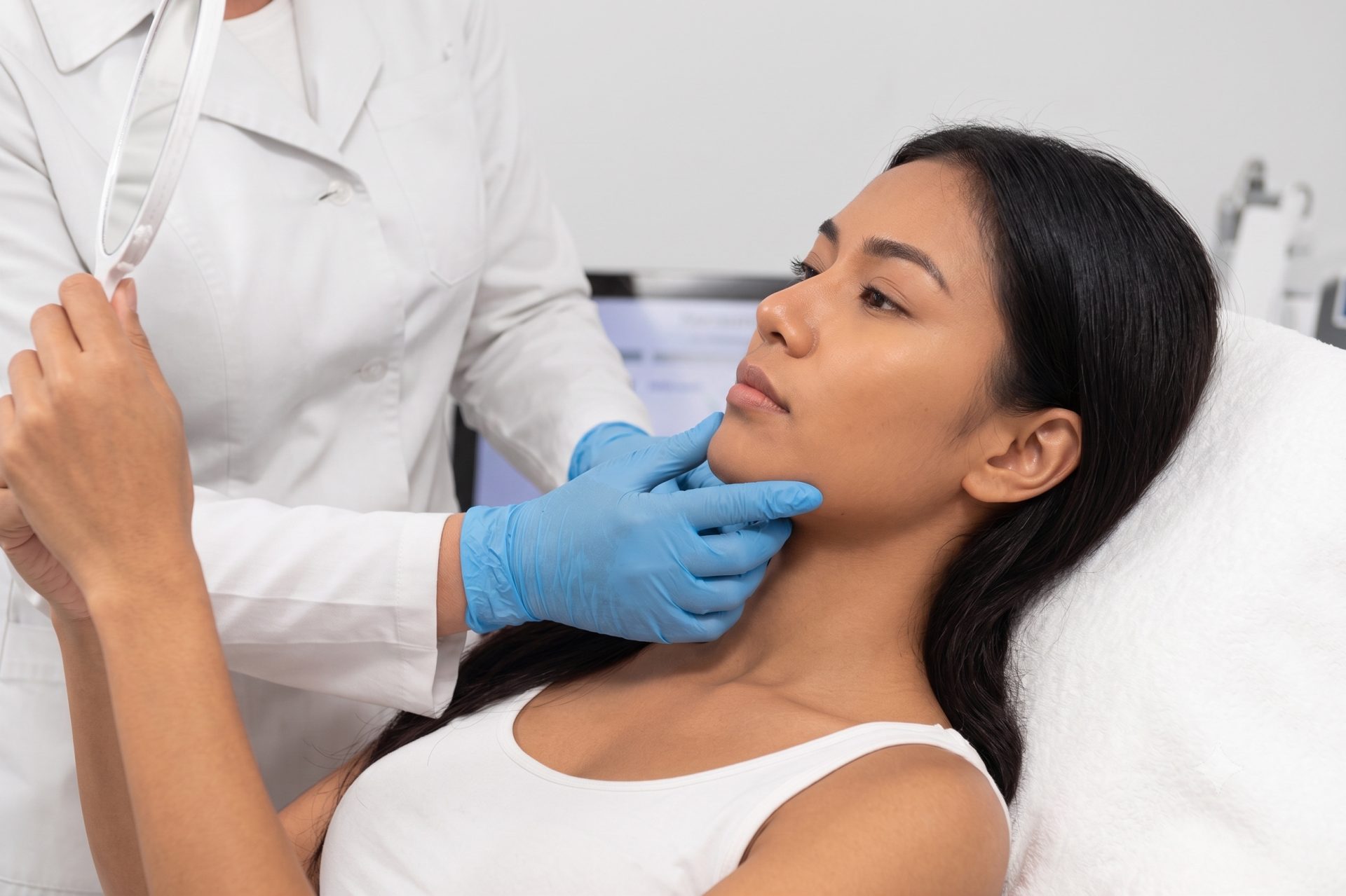 A beauty professional examining a patient's chin during a skin consultation.