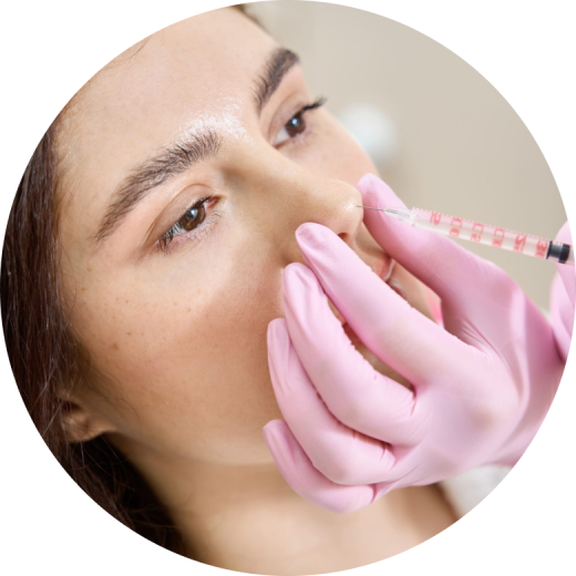 A cosmetic procedure involving a nose filler injection being administered by a practitioner.