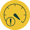 A yellow circular gauge with an exclamation mark indicating a high warning level.