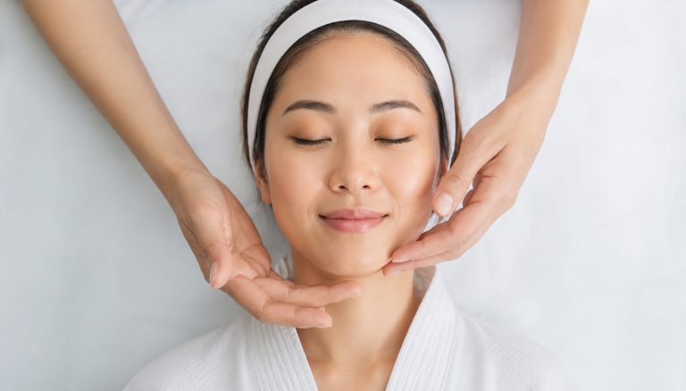 A serene young woman receiving a facial treatment, with hands gently supporting her chin.
