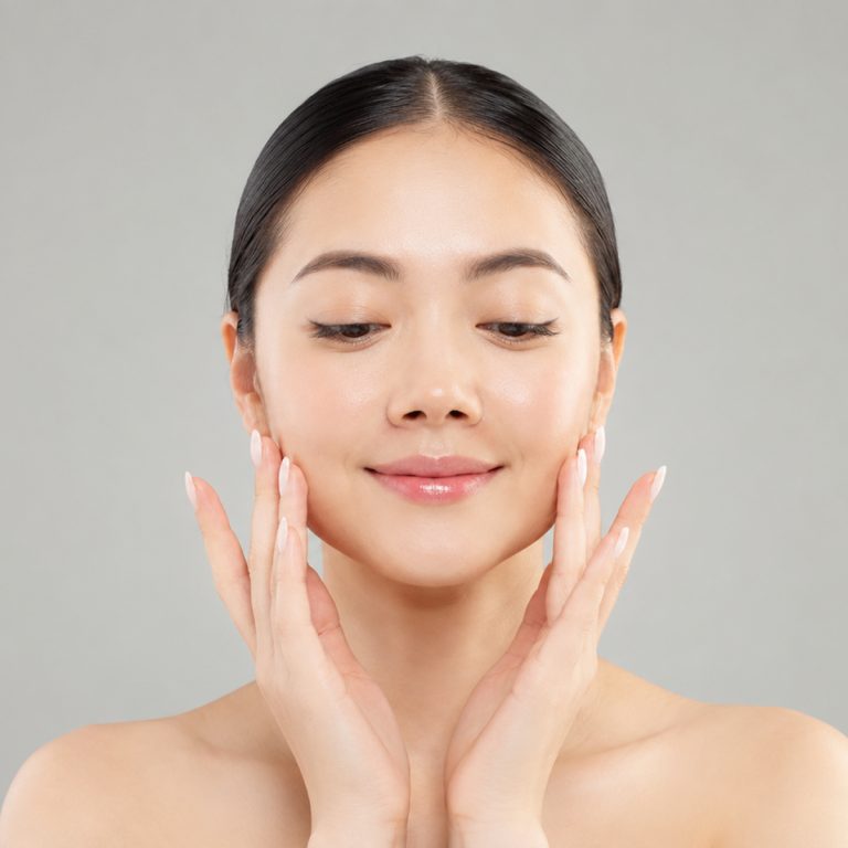 A young woman gently holding her face, showcasing a skincare treatment, with a soft gray background.