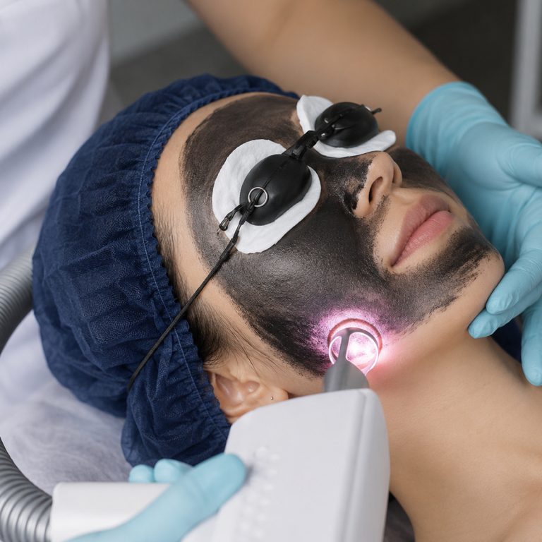 A woman undergoing a carbon laser treatment session, wearing protective eyewear and a mask, while a technician operates the laser device.